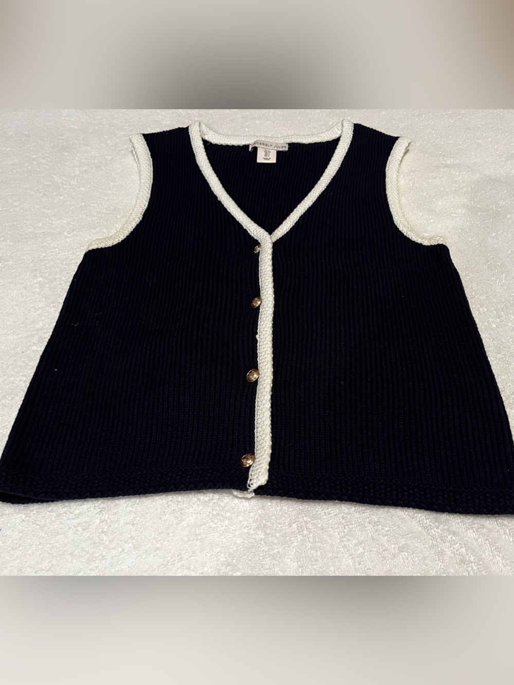 Sincerly Jules Navy Knit Sleeveless Button Vest with White Trim